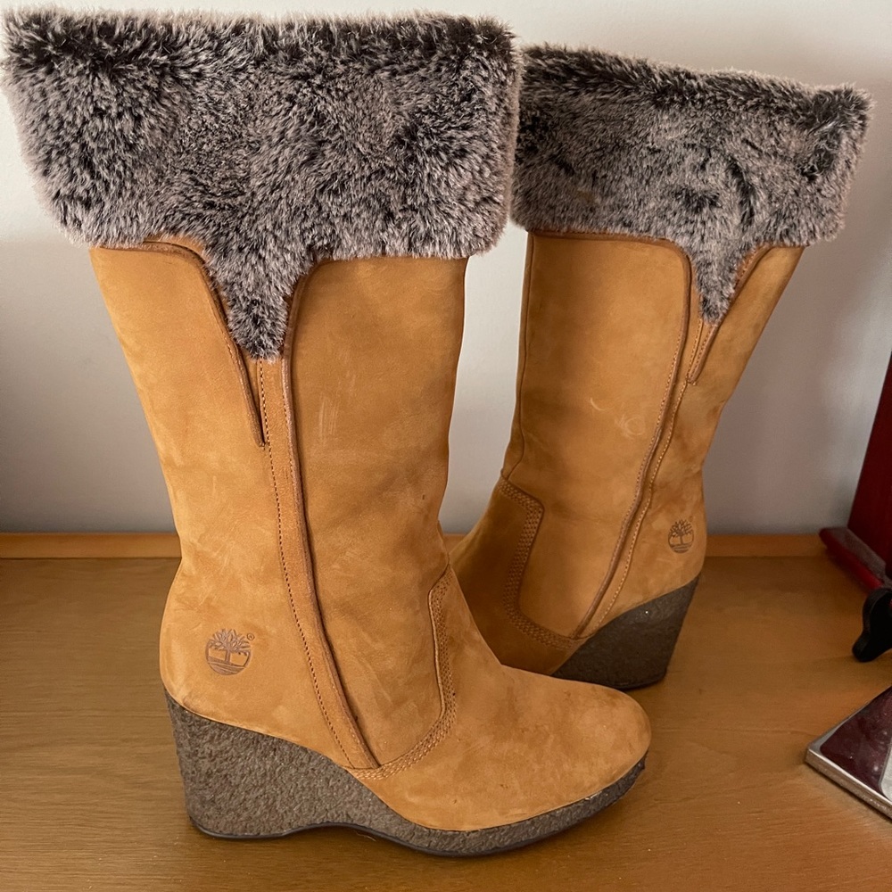 Timberland Faux Fur Mid Calf Wedge Leather Boots